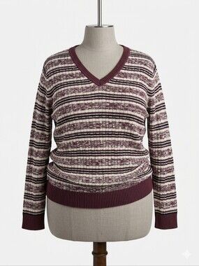 Croft & Barrow Women's V-Neck Striped Burgundy and Cream Sweater Size 3X